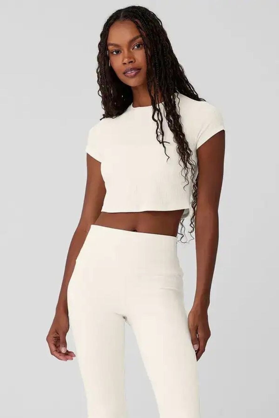 Alo Yoga Ribbed Sea Coast Ivory Cropped Short Sleeve Crewneck Tee Size Small